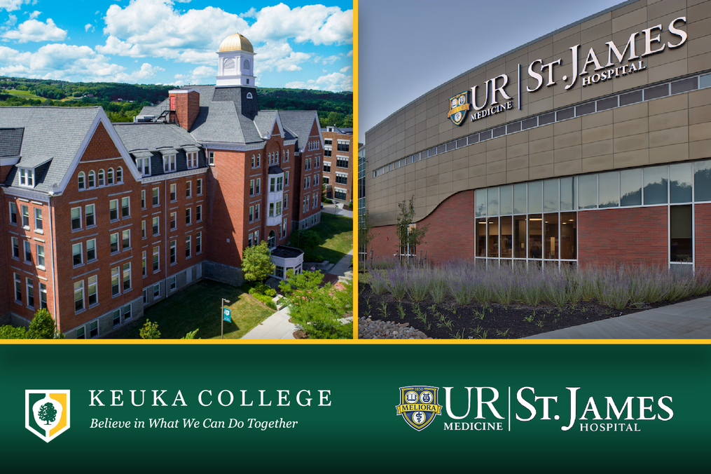 Side-by-side images show Keuka College’s red-brick campus building with a central cupola on the left and the exterior of UR Medicine St. James Hospital on the right. A green banner along the bottom displays both institutions’ logos and names, indicating a partnership between Keuka College and UR Medicine St. James Hospital.